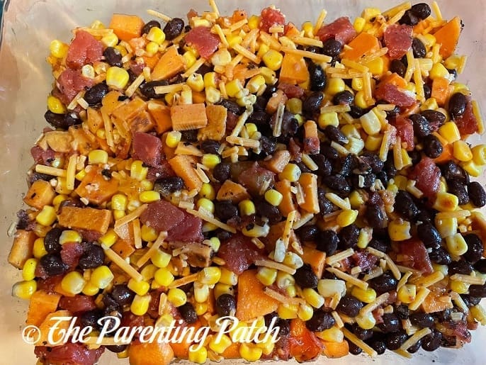 Uncooked Cheesy Sweet Potato Black Bean Casserole