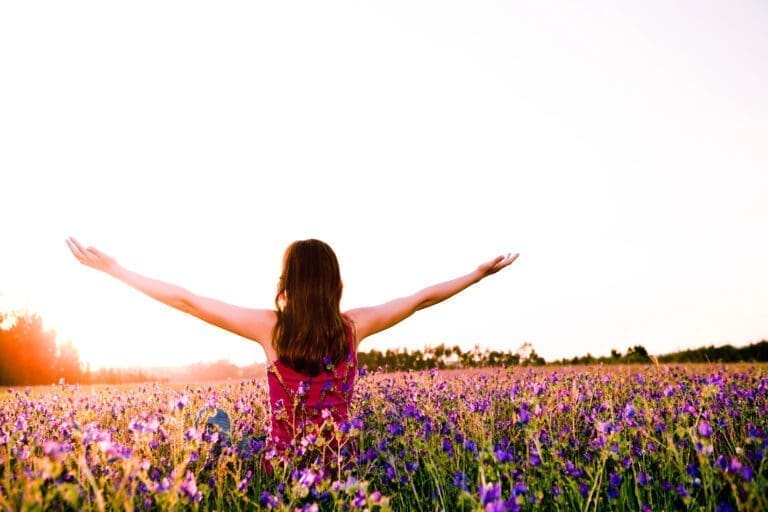 Field Full Of Flowers With Woman Walking Through Them